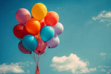 Fototapeta premium A vibrant bunch of balloons floats against a clear blue sky, evoking feelings of joy and celebration