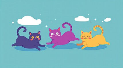 ศิลปะง่ายๆของเวกเตอร์แฟลตของลูกแมวขี้เล่น, แมวไอเทม, องค์ประกอบกระจัดกระจาย, สไตล์น่ารัก, สามสีผสมสีแดงสีฟ้าสีเหลือง