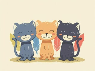 The simple art Of playful kittens, cute style, mixed with three colors: red, blue, yellow.