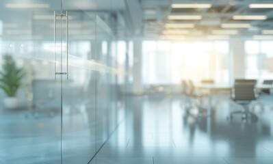 Obraz premium Blurred empty modern office interior with glass walls. Abstract blurred background of a business conference room in the style of a stock photo.