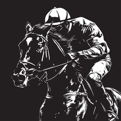 Fototapeta premium Horse and jockey in cartoon, doodle style. Image for t-shirt, web, mobile apps and ui. Isolated 2d vector illustration in logo, icon, sketch style, Eps 10. AI Generative
