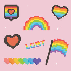 LGBT sticker pack on pink background. LGBT set. Symbol of the LGBT pride community. Rainbow elements. Rainbow hearts, rainbow, flag and message.