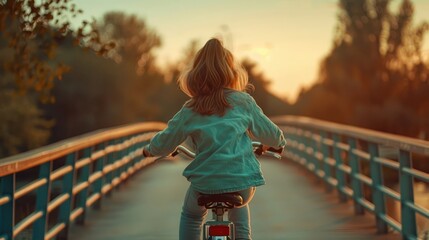 A young girl is riding a bicycle on a bridge - Powered by Adobe