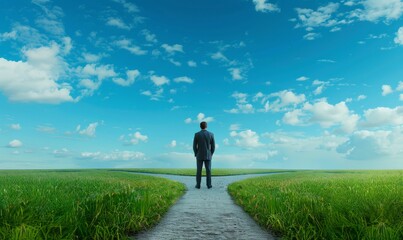 Businessman standing at a crossroads and looking to the horizon, blue sky in the background, grass field with two roads merging, symbolizing choice or the passage of time
