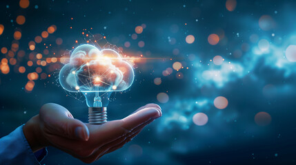 Innovative Light Bulb with Brain and Cloud Graphics in Hand - Powered by Adobe