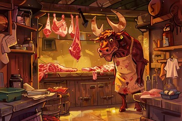 A cartoon Minotaur standing in a butcher shop