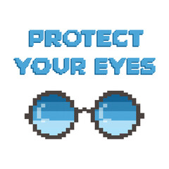Pixel sunglasses at sunset. Place for text - PROTECT YOUR EYES. Vector illustration on white background isolated.
