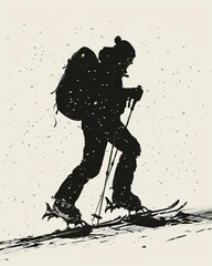  person climbing a snow-covered mountain on skis. The skier is wearing a backpack and using ski poles.