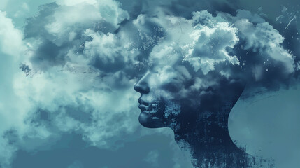 Surreal Human Silhouette Merged with Clouds in Blue Tones