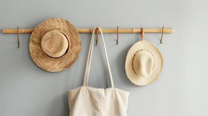 Straw Hats and Canvas Bag Hanging on Bamboo Rack - Powered by Adobe