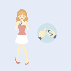 Woman doing diabetes blood sugar, glucose level testing, healthcare concept, flat character design clip art vector illustration cartoon