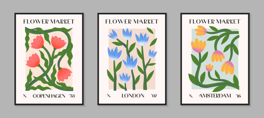 Fototapeta na wymiar Abstact flower market vector posters with hand drawn florals.Modern botanical illustrations for prints,flyers,banners,invitations,branding design,covers,home decoration.