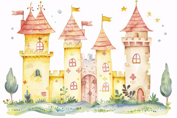 Enchanting yellow castle with watercolor trees and flags, adorned with whimsical decorations and a starry sky