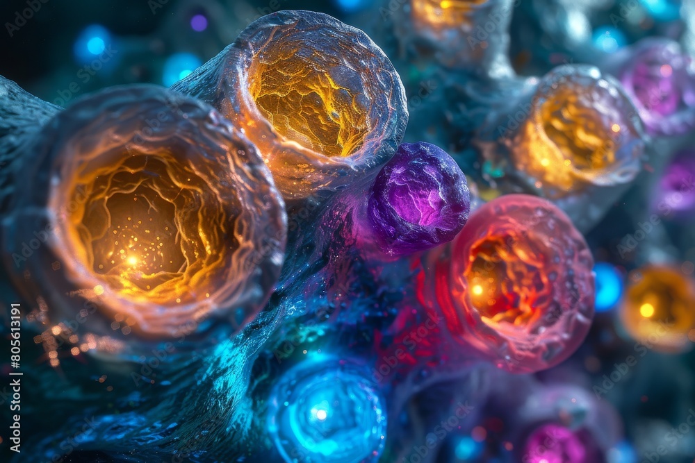 Poster this highly detailed image depicts vibrant multi-colored structures that resemble microscopic cells 