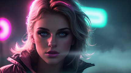 Fototapeta premium portrait of a woman, neon, lights, dramatic, background, fashion 