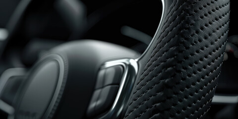 Close-up of the smooth leather surface of the car steering wheel in the passenger compartment.