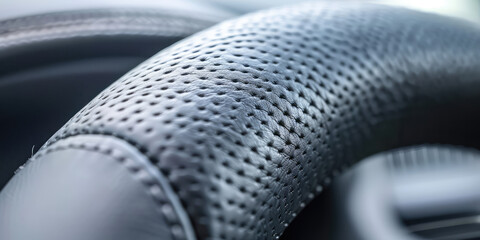 Close-up of the smooth leather surface of the car steering wheel in the passenger compartment.