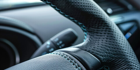 Close-up of the smooth leather surface of the car steering wheel in the passenger compartment.