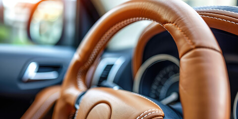 Close-up of the smooth leather surface of the car steering wheel in the passenger compartment.