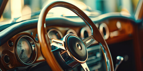 Close-up of the smooth leather surface of the car steering wheel in the passenger compartment.