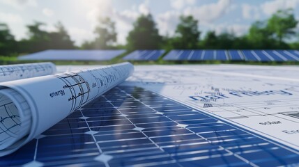 Close up of a solar panel with blueprints and drawings on a table, with a blurry background of photovoltaic panels in a field, with text "solar energy" on a banner.