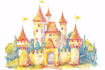 watercolor castle with orange and yellow hues and flags atop the towers under a soft blue sky