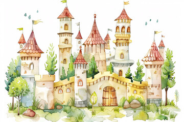 Watercolor illustration of a grand castle surrounded by lush greenery and colorful flags fluttering from its towers