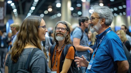 An animated group of convention attendees engaged in conversation, displaying excitement and enthusiasm