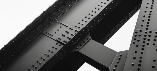 Obraz premium Close-up steel bridge structure, slatted metal structure, urban bridge supports, architecture, copy space.