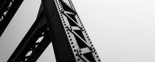 Close-up steel bridge structure, slatted metal structure, urban bridge supports, architecture, copy space.