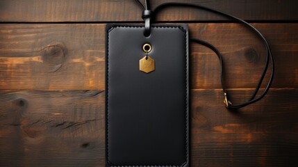 Black leather case with golden key on dark wooden background. Top view