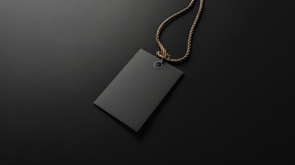 Blank black price tag with rope on black background.