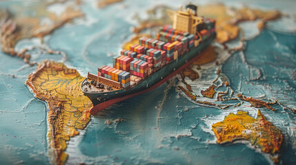 Container ship model on world map , transcontinental transportation or globalization concept image with copy space