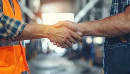 Close up of two men shaking hands in the background of an industrial warehouse.