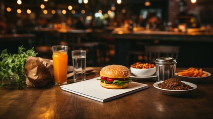 Hamburger with fries and glass of orange juice on wooden table