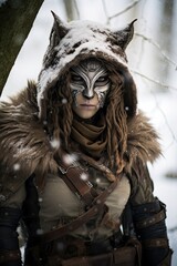 Mysterious winter warrior in snowy forest