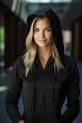 Confident woman in black hoodie