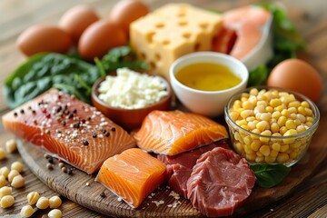 A selection of protein-rich foods including salmon, eggs, cheese, and legumes on a wooden board