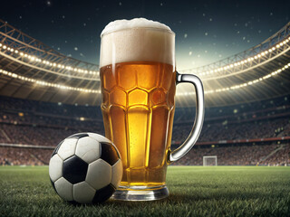 soccer ball and beer in a soccer stadion, Generative Ai
