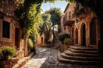 Fototapeta premium Picturesque medieval village street with stone buildings and steps