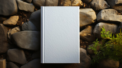 Blank book on stone wall background. Mock up,