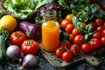 Glass bottle of homemade tomato juice surrounded by a variety of fresh vegetables on a rustic kitchen board