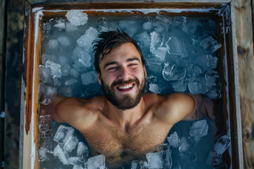 A man using an ice plunge pool bath for recovery after sports exercise