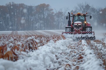 Red tractor actively working in the winter, clearing the land amidst a soft snowfall against a background of frosted trees