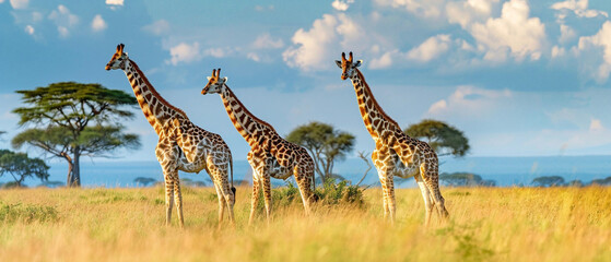 Graceful giraffes with long necks nibbling on thorny acacia leaves under a bright blue sky.