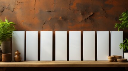 Blank white books on wooden shelf in front of brown brick wall