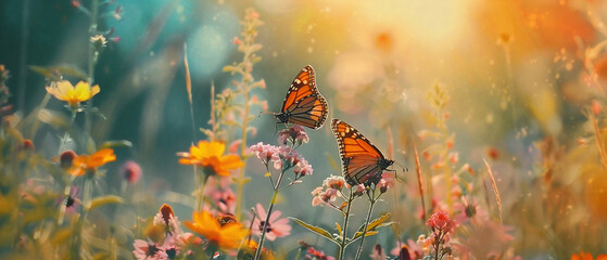 Beautiful monarch butterflies gracefully flying through a vibrant field of colorful wildflowers on a sunny day.
