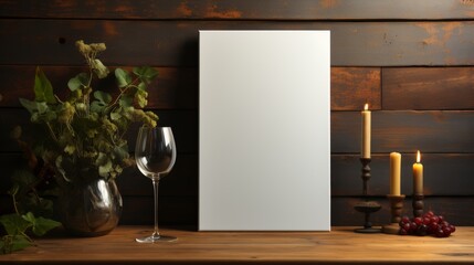 Wine glass and blank poster on wooden table. Mockup for design