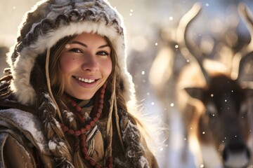 Smiling woman in winter clothing enjoying the snow