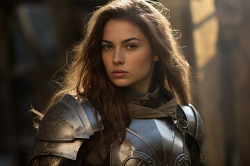 Fierce female warrior in armored costume